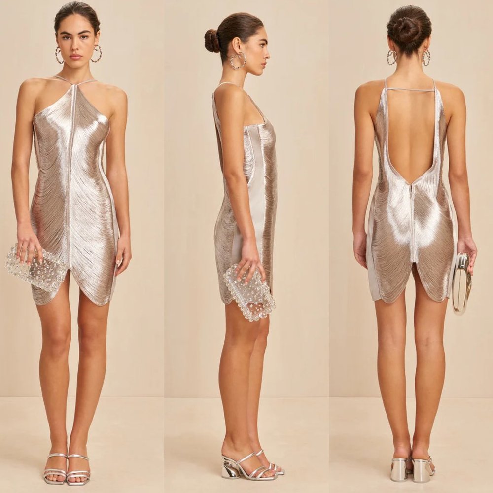 Cult gaia mara fringe silver mini halter dress